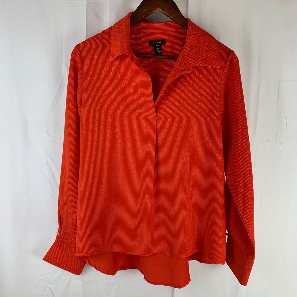 Halogen Blouse Womens Medium Orange Red V-Neck Long Sleeve Textured HLG11863